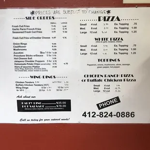 a menu for pizza