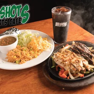 a plate of food and a drink