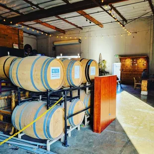 barrels stacked on a rack