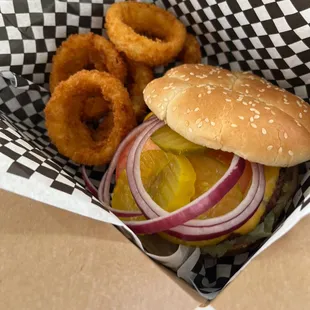 Onion rings or french fries included with the burgers. Great price for all the food.