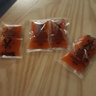 They have their own bottled hot sauce but they bring you these rations.