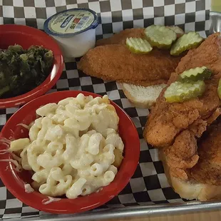 Chicken tenders and catfish, both Rambo. Don&apos;t order these collards, seriously.