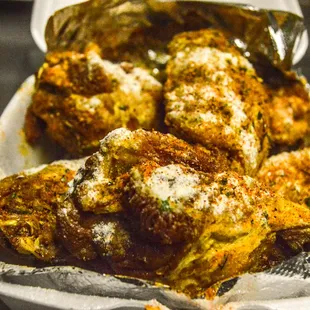 a tray of fried chicken