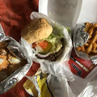 a hamburger, french fries, and cheeseburger