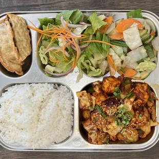 Platter with spicy tofu, white rice, Veggie Dumplings, salad, &amp; Stir Fried Veggies