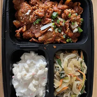 Spicy pork, japchae (Korean glass noddles with vegetables), and macaroni salad-  Yum!