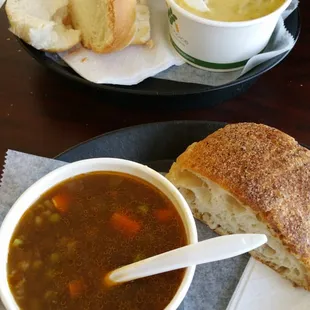 Beef barley soup with ciabbata bread and broccoli cheese soup with challah bread