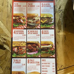 Menu with burgers
