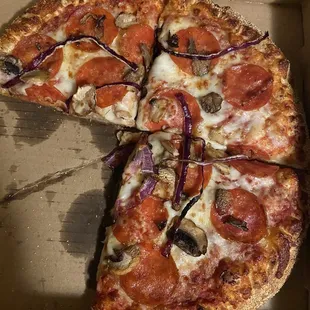 Pepperoni, mushroom and onion pizza