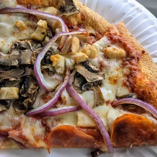 a slice of pizza on a paper plate