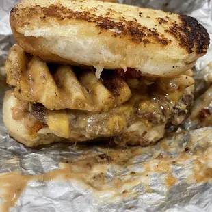 Butter my Buns with two Pattie's and double peanut butter sauce and jam