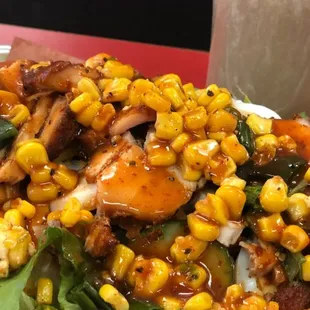 a plate of food and a drink