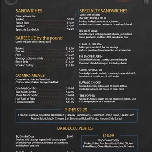 the menu for the big smoke barbecue
