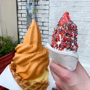 Thai tea &amp; mango sticky rice, vanilla with strawberry shell and sprinkles