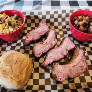 Ribs, black eyed peas and bbq beans