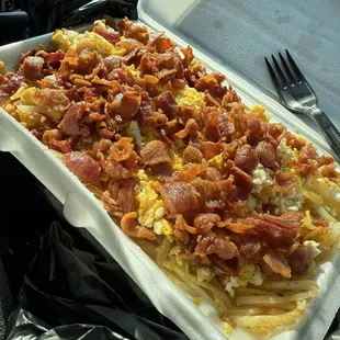 Biscuits and gravy loaded with bacon
