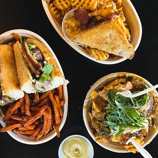 three plates of food on a table