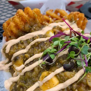 Green chile waffle fry poutine