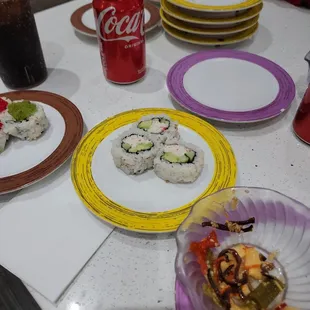 Caviar Roll, California Rolls, and Squid Salad
