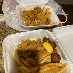 Shrimp platter and Grouper Bite Platter and ommgggggg! Seasoned perfectly and the tartar sauce is A1!