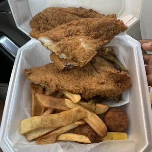 Catfish Platter with Fries and Green Beans