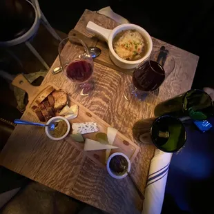 Our meals (Classic French onion soup, 3 cheeses *which were the server's choice), and the best glasses of wine we had during our trip.