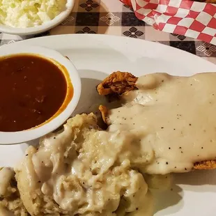Country Fried Chicken with potatoes, gravy and baked beans