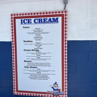 a menu for ice cream
