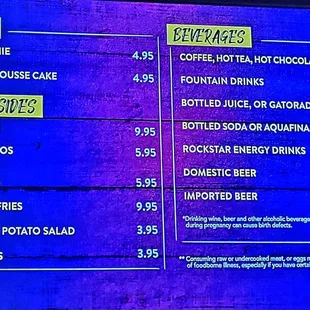 Dessert and beverage menu