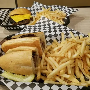 French dip and classic burger.