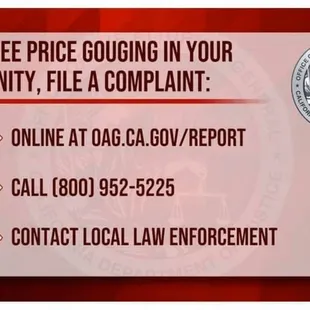 a red and white business card with the words, if you see price gouging in your community, file a