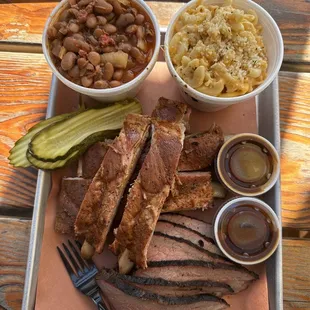 2 meat combo- Tri tip and ribs with Mac &amp; cheese and brisket beans