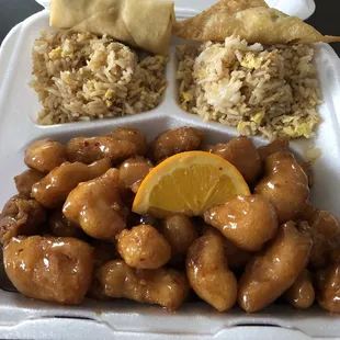 Orange chicken special with egg roll and crab Rangoon