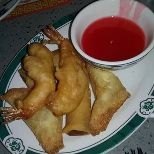 Egg Rolls, Fried Shrimp and Crab Puff appetizers