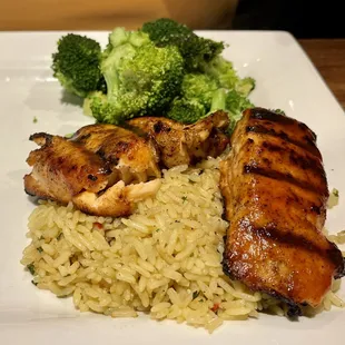 Bourbon salmon, rice pilaf, and broccoli