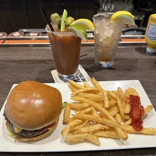 Classic Cheese Burger with two killer Bloody Mary's.
