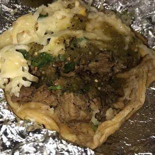 Steak taco with cilantro &amp; cheese (this was to go)