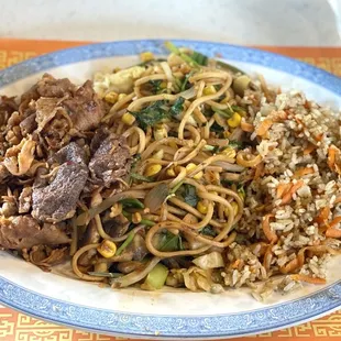 ows a plate of noodles with meat and vegetables