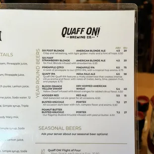 Quaff On beer menu - October 2022 (see bar list for current draught offerings)