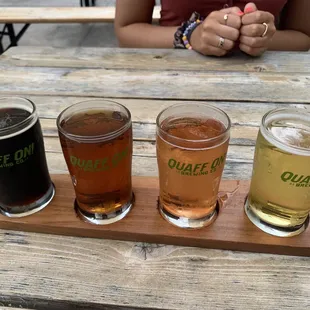 Beer flight: peanut butter busted knuckle, Hoosier red ale, six foot strawberry blonde, six foot blonde