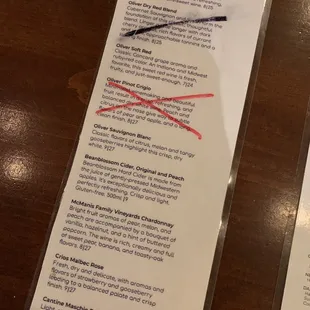 Local wines featured on the wine menu.