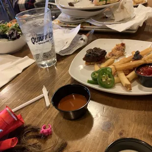 Raw jalapeños, small handful of plain fries.