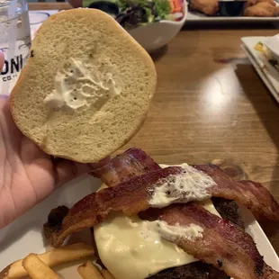 Dollop of ranch, bacon is limp (mostly fatty), no crunch. Brioche buns aren't toasted so expect it to flatten.