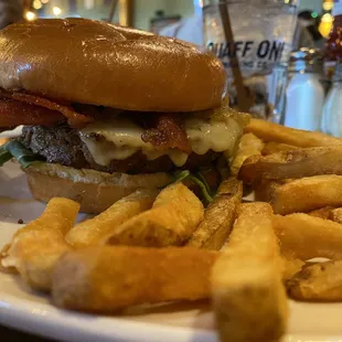 Bacon Bomb Burger and pub fries