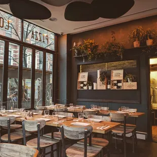 tables and chairs in a restaurant