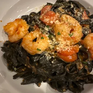 Squid ink pasta and shrimp