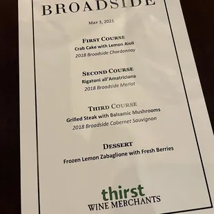 Sample of a Monday Night Wine Dinner