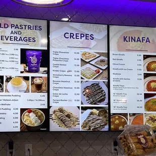 Pastries, drinks, crepes, kinafa menu