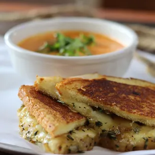 Creamy Tom Bowl with grilled cheese sandwich