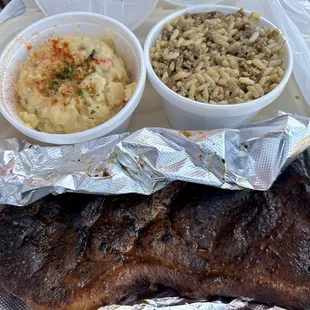 Pork Steak with 2 sides $14 weekends. Nice Smokey flavor but the dirty rice is awesome. Great flavor! Potato salad slight sweetness